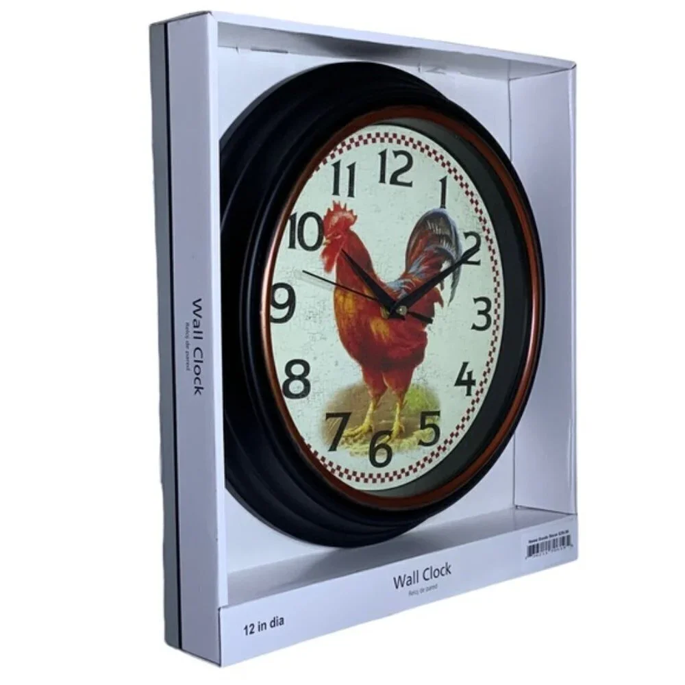 Clock Farmhouse Rooster Quartz Analog Primitive Wall Hanging 12 in Round Black